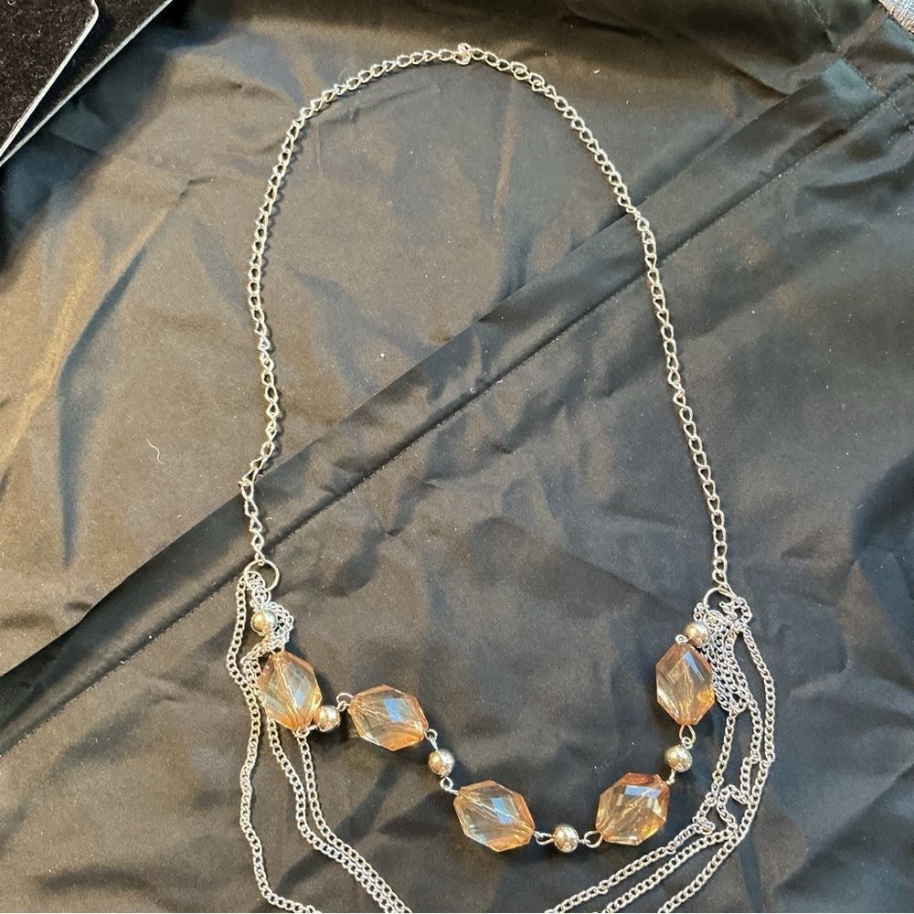 Silvertone and Light Brown Crystal Necklace